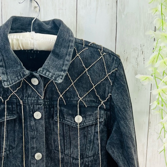 Thrill Jeans Y2K Women's Dark Gray Rhinestone Tassels Cropped Denim Jacket Large - Picture 6 of 15